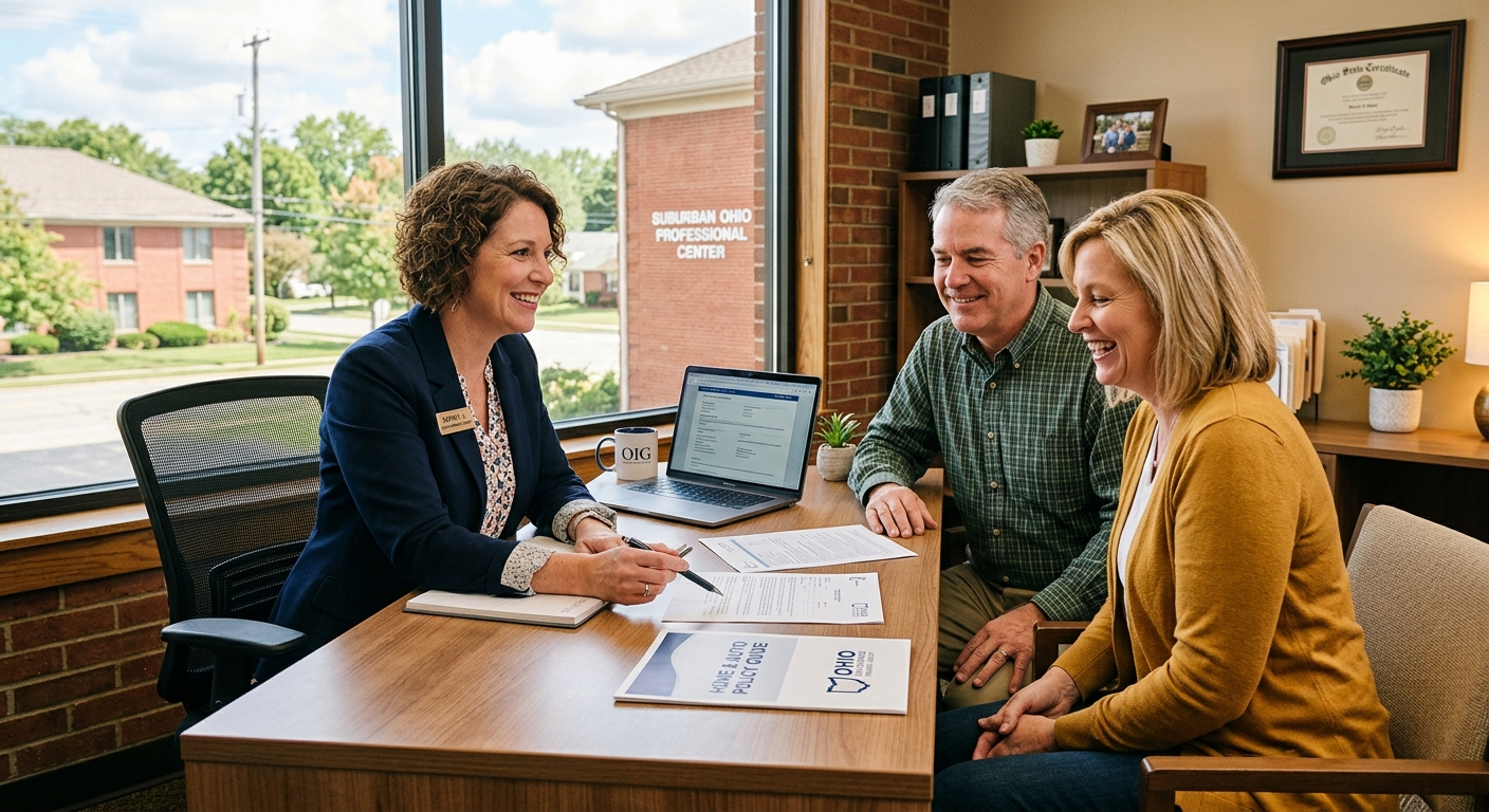 Independent insurance agent sitting across a desk from an Ohio couple reviewing policy documents together