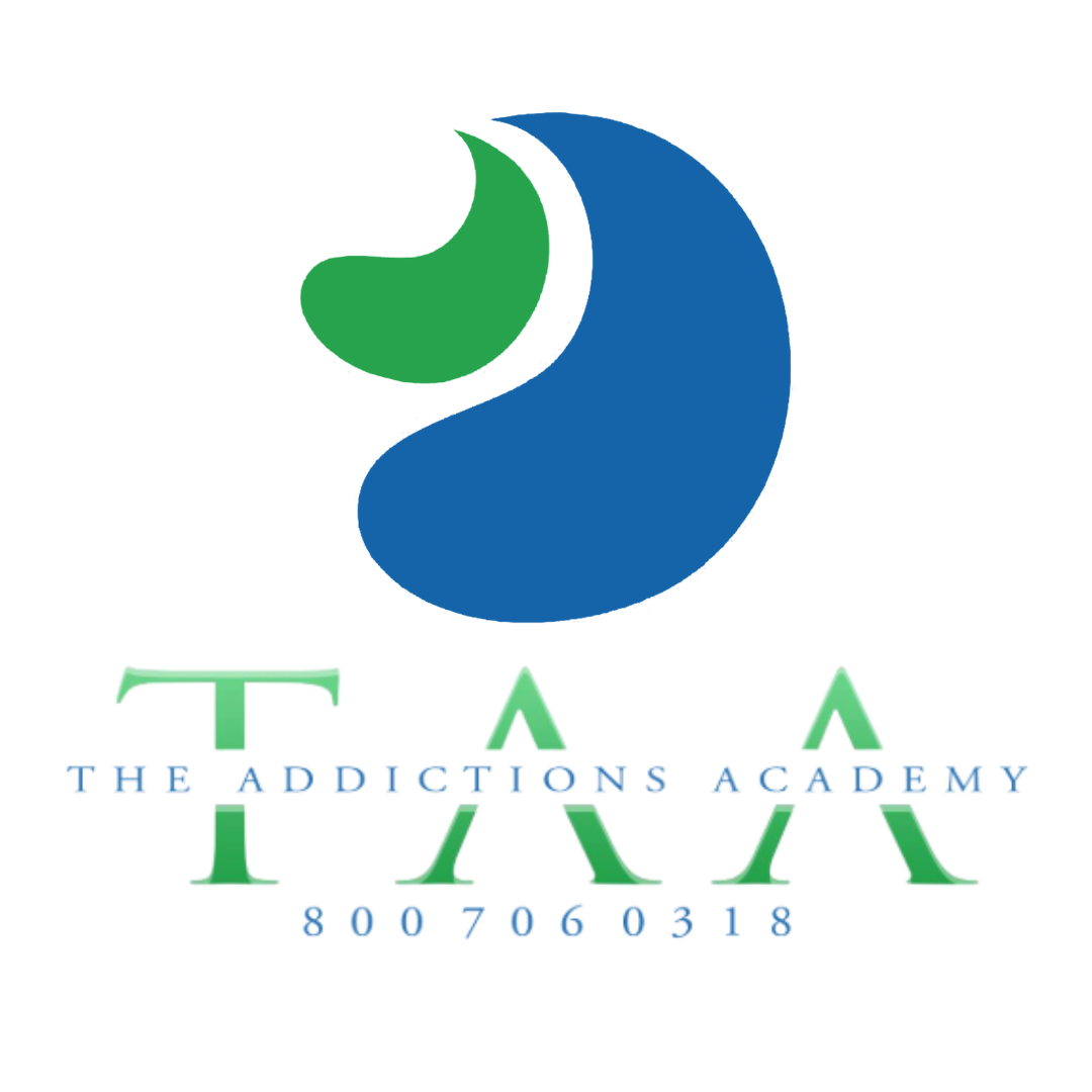 Logo for The Addictions Academy: blue and green abstract shape above green 