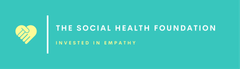 Logo for The Social Health Foundation, teal background, yellow heart with clasped hands, text: 