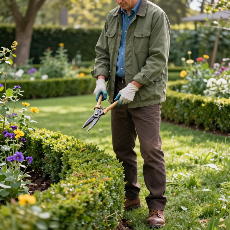 Un jardinero recorta un seto con tijeras en un jardín lleno de flores.