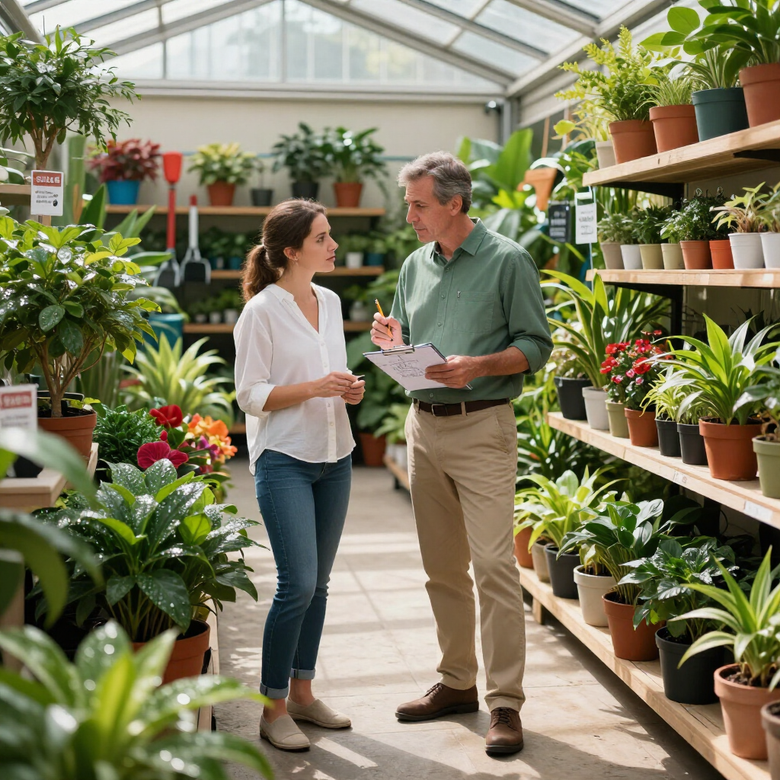 Dos clientes conversando en el pasillo de un vivero, rodeados de macetas con flores y vegetación.