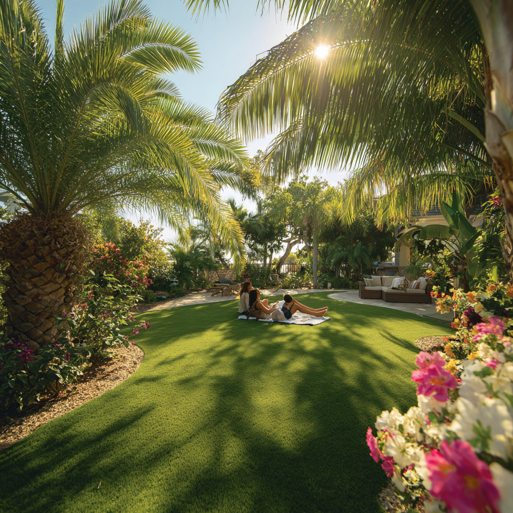 Homeowners relaxing in their South Florida tropical backyard with lush plants and artificial turf.
