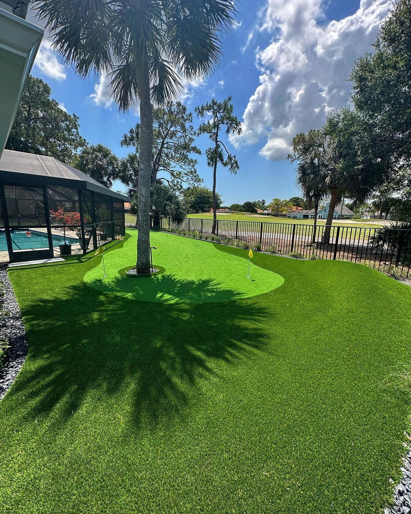 Artificial turf lawn integrated with tropical plants for a low-maintenance backyard.