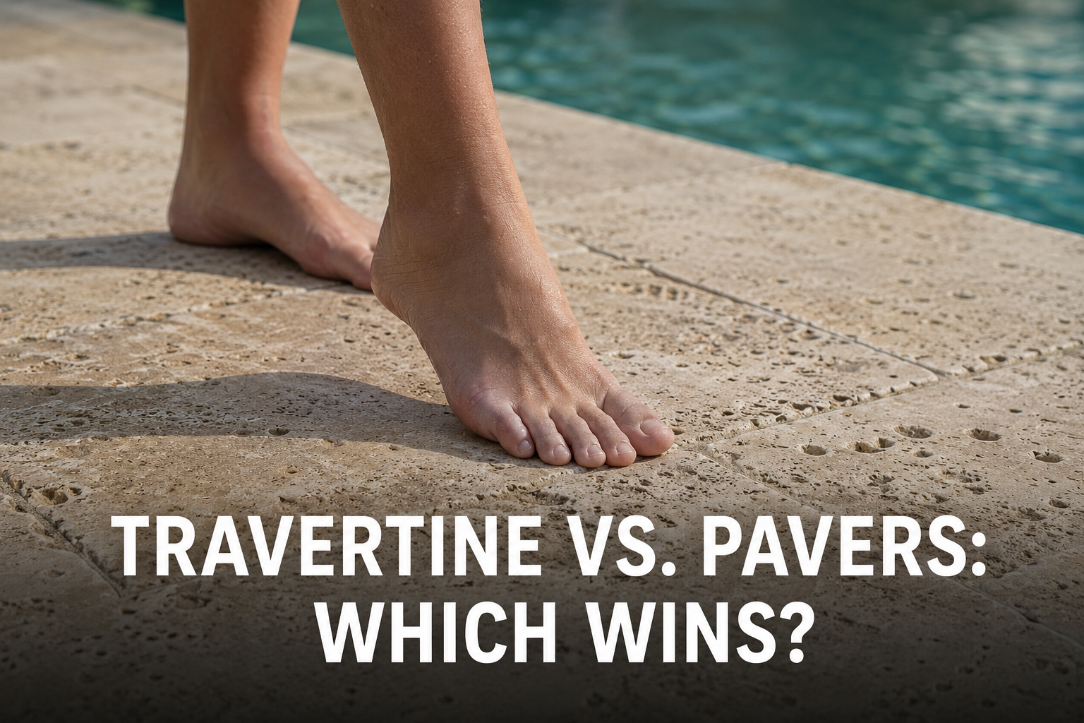 Bare feet on sunlit travertine pool deck in South Florida