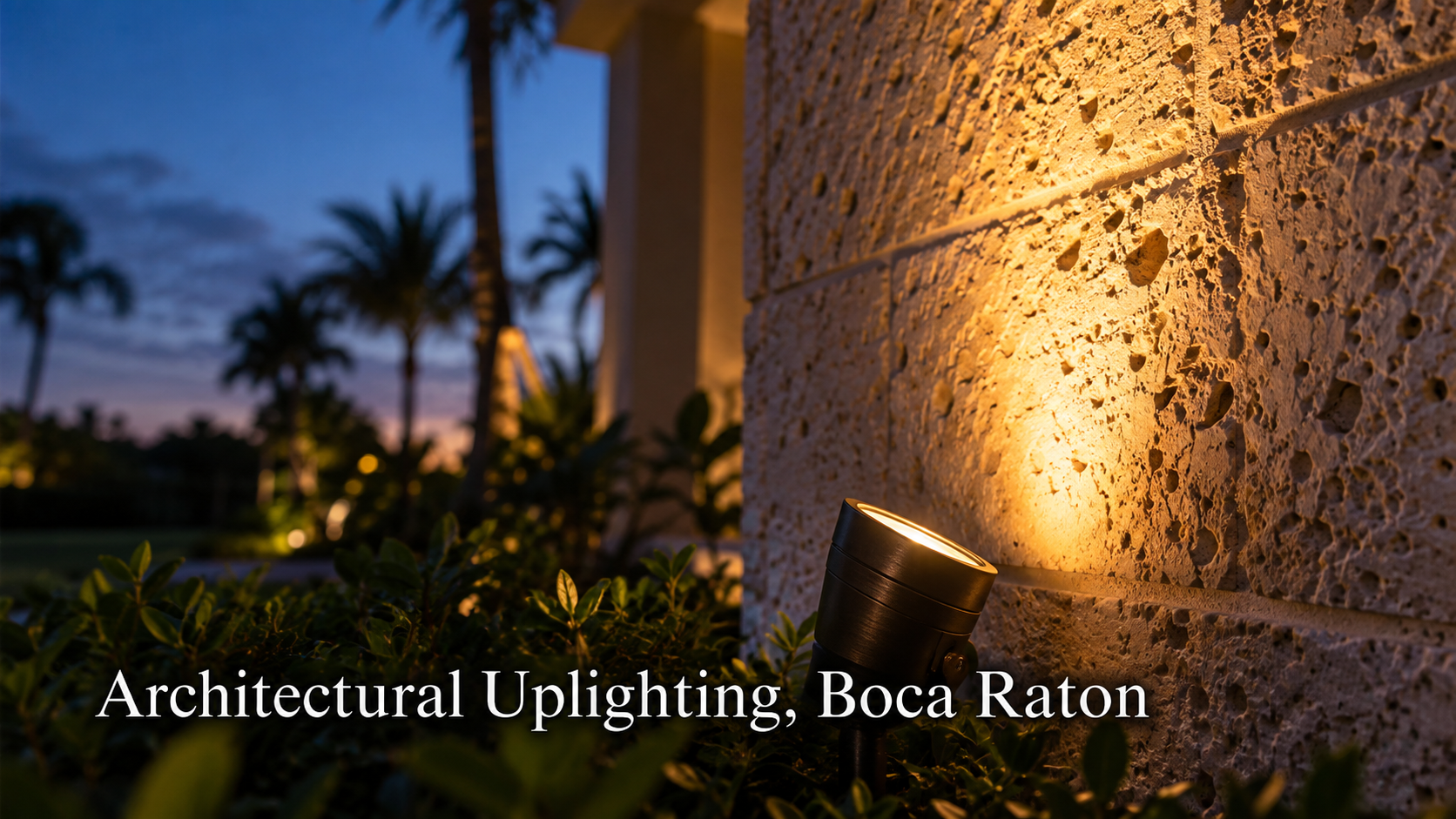 Architectural uplighting fixture illuminating textured wall on Boca Raton home
