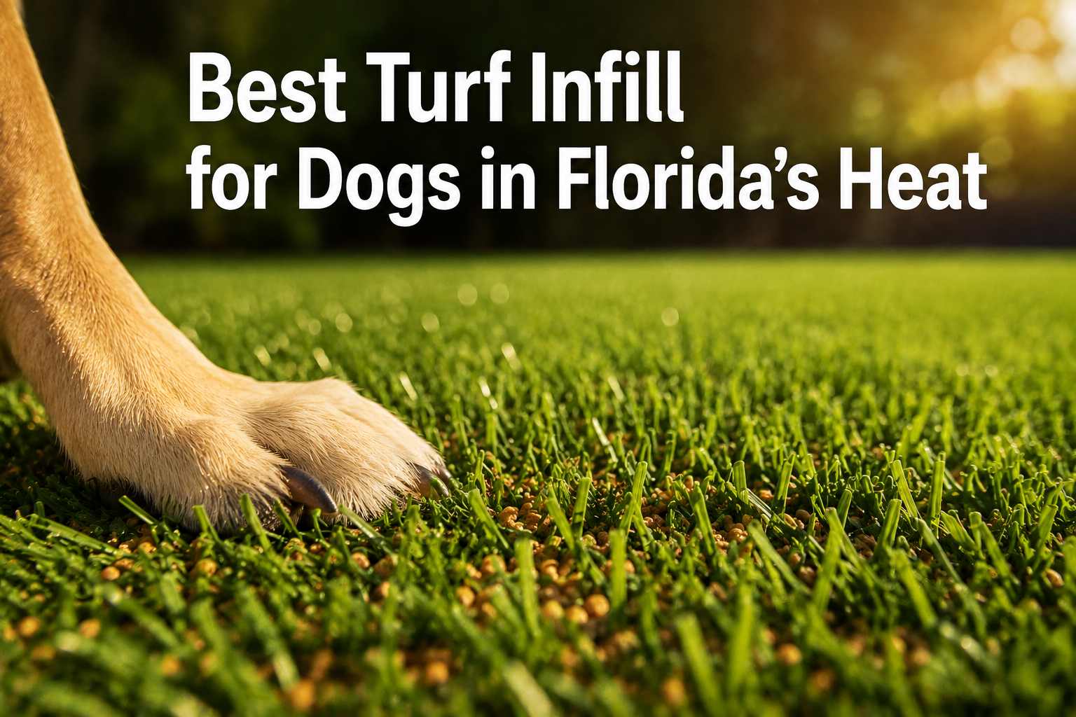 Cork infill artificial turf close up with dog paw in Florida heat