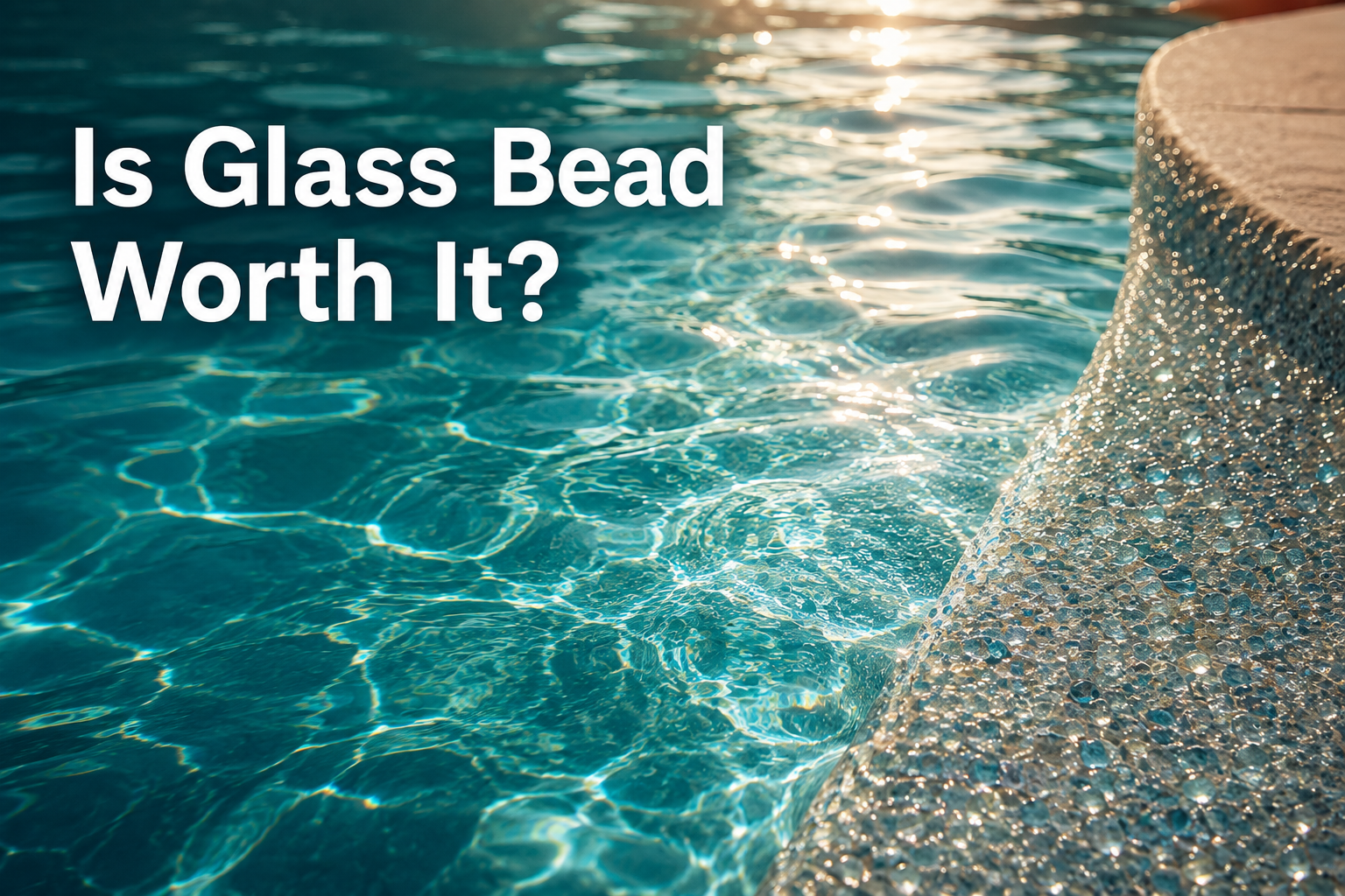 Shimmering glass bead pool finish edge with is it worth it text overlay