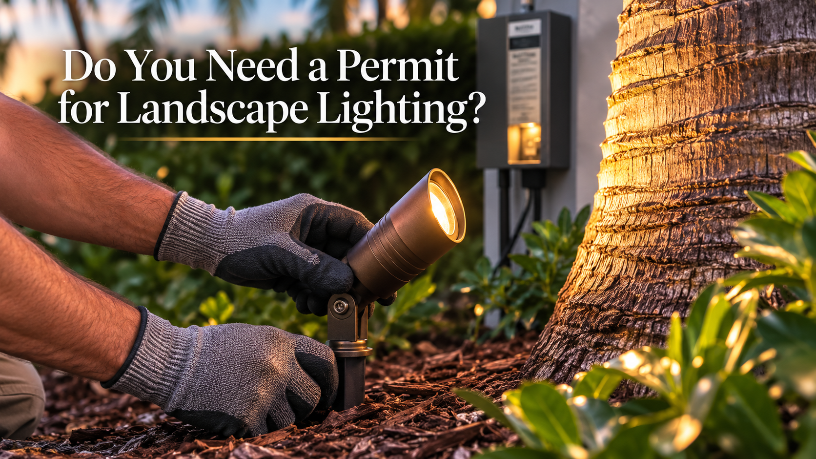 Close-up of landscape lighting fixture installation in Davie FL yard
