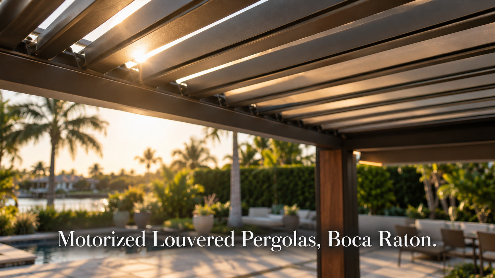 Motorized louvered pergola installer Boca Raton aluminum roof system close-up