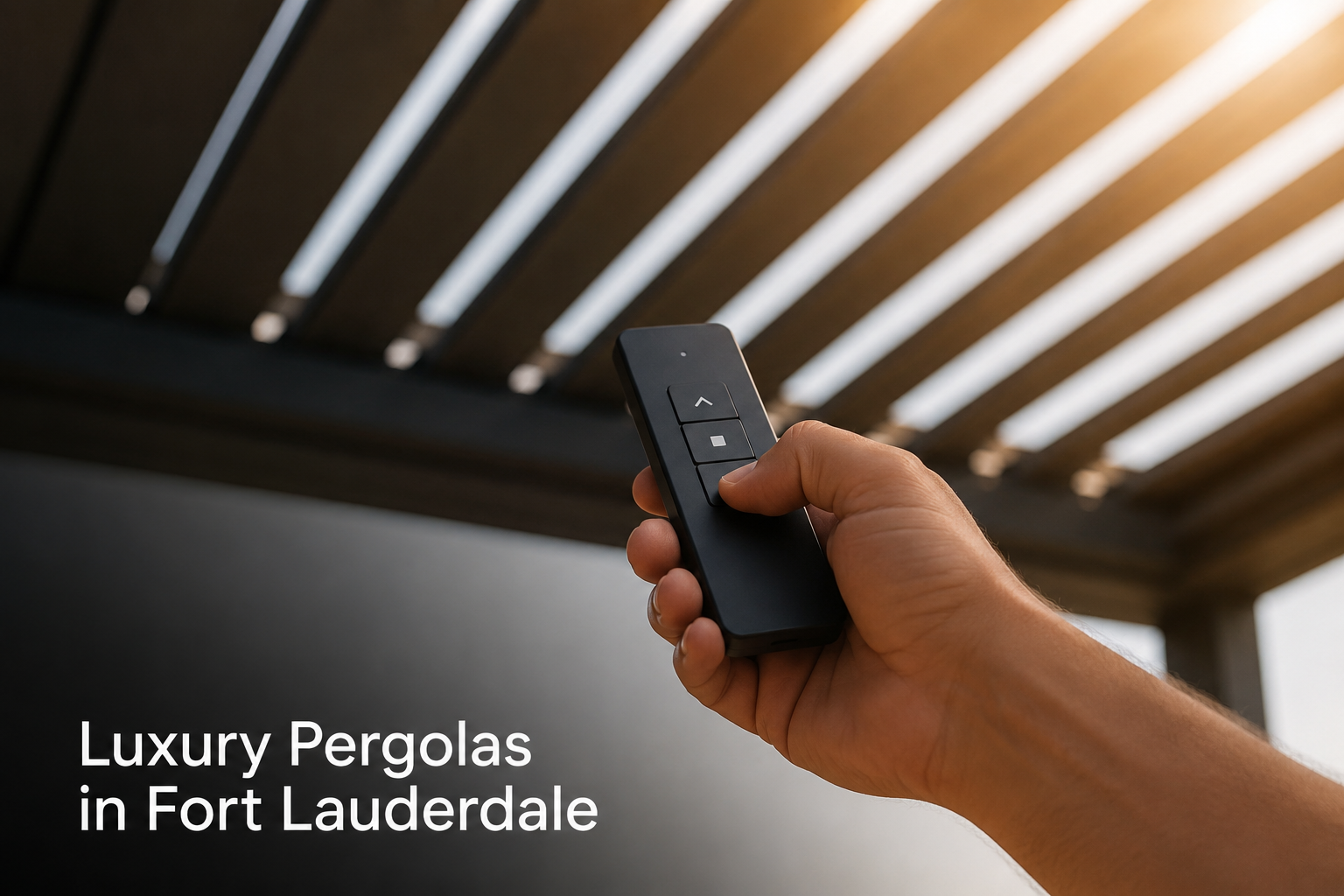 Luxury pergola builders Fort Lauderdale motorized louver remote close up
