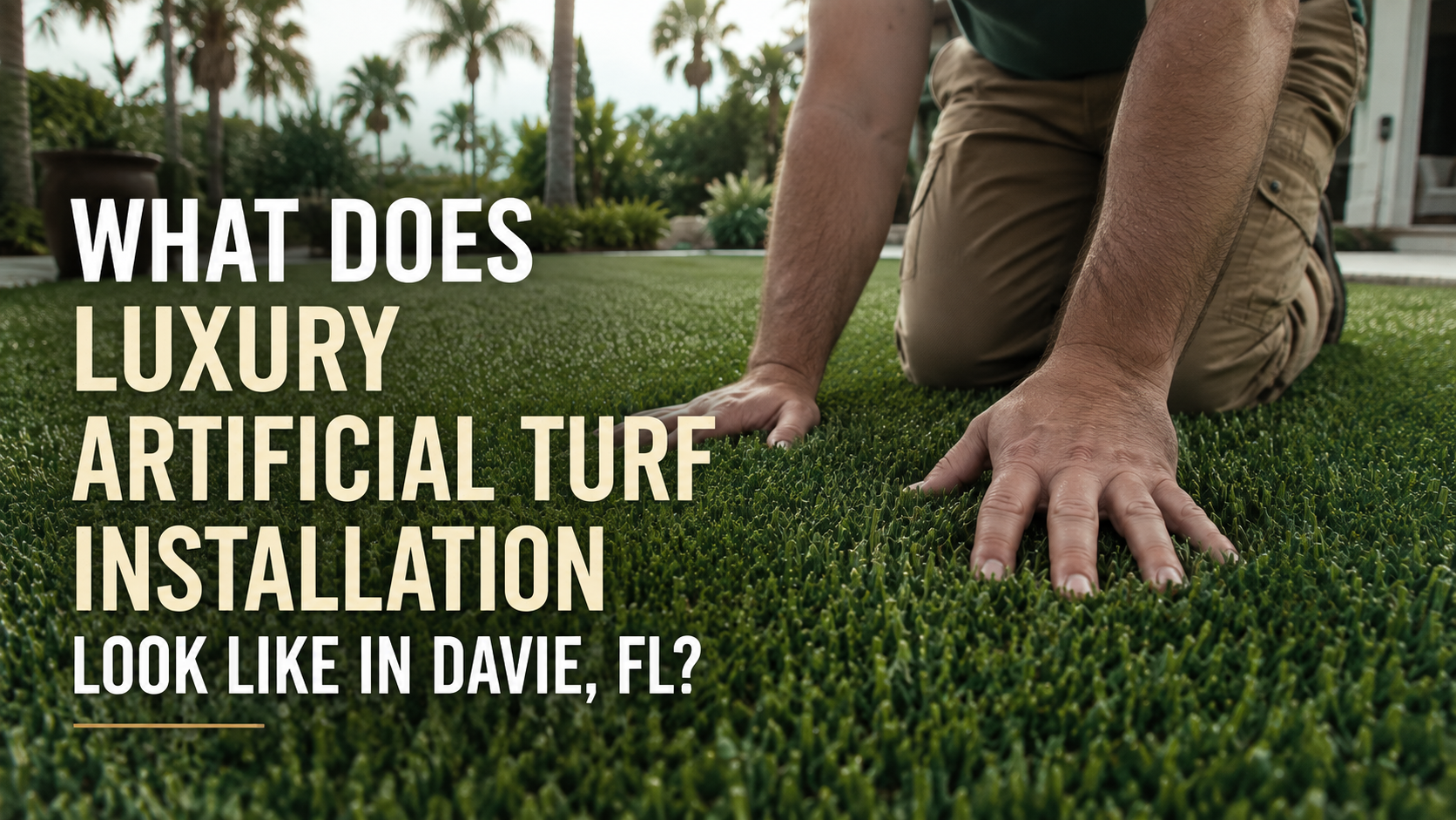 Hands on freshly installed luxury artificial turf in Davie FL backyard