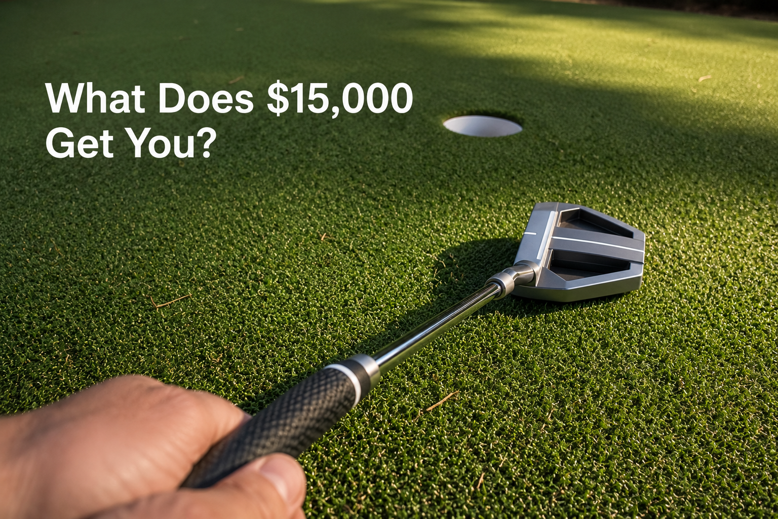 Close-up of golf putter on custom synthetic putting green turf