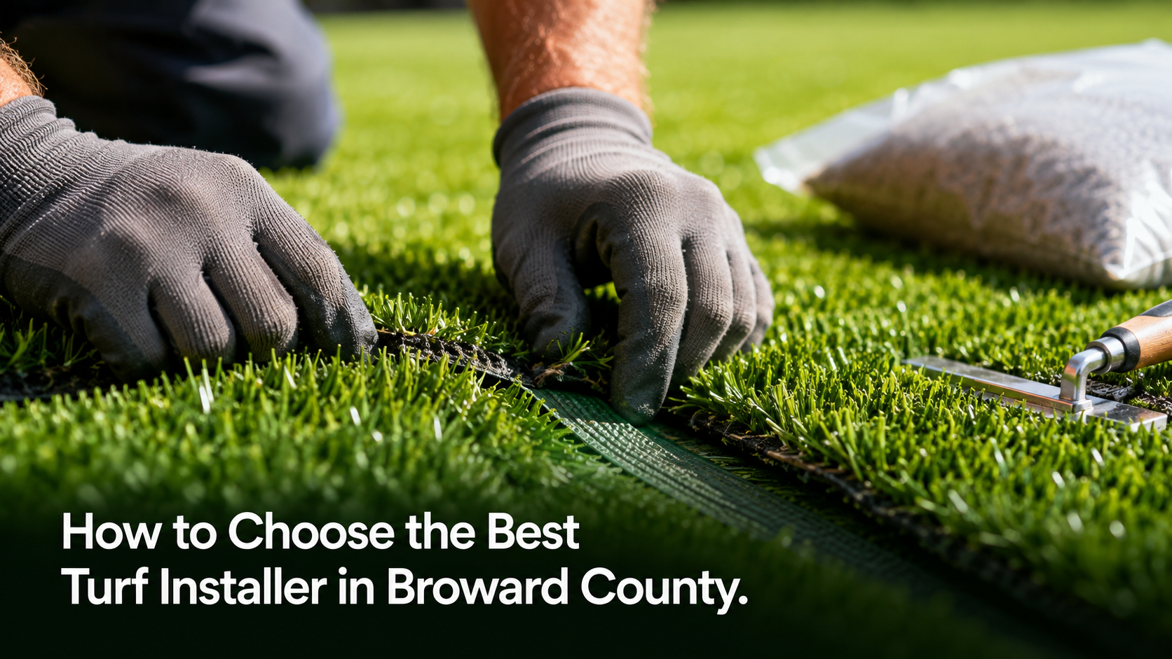 Close-up of hands installing premium artificial turf in Broward County