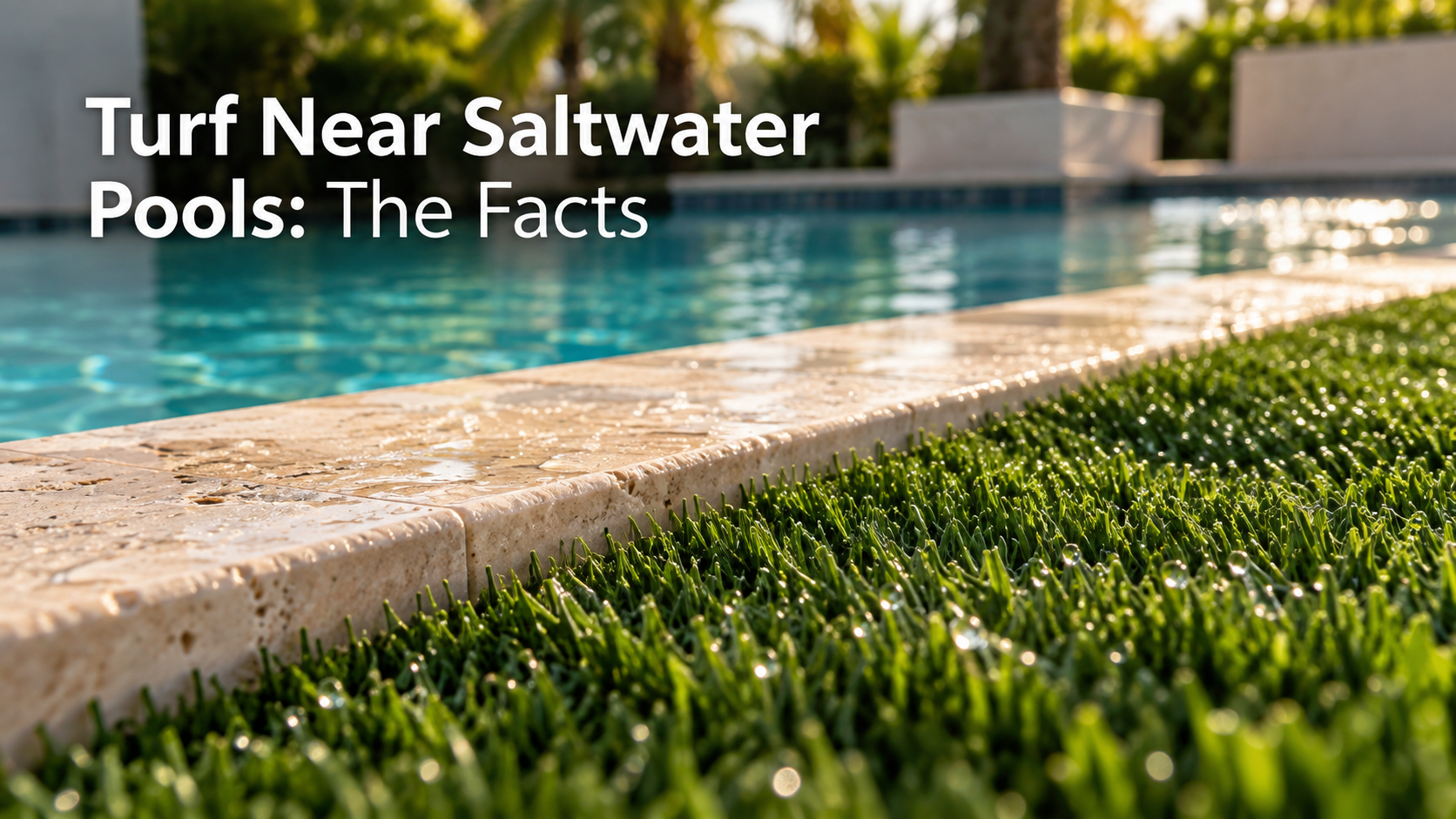 Artificial turf meeting travertine pool coping, showing turf near a saltwater pool