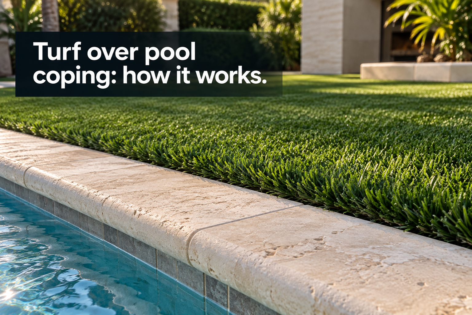 Artificial turf laid over pool coping with a clean trimmed edge in Broward