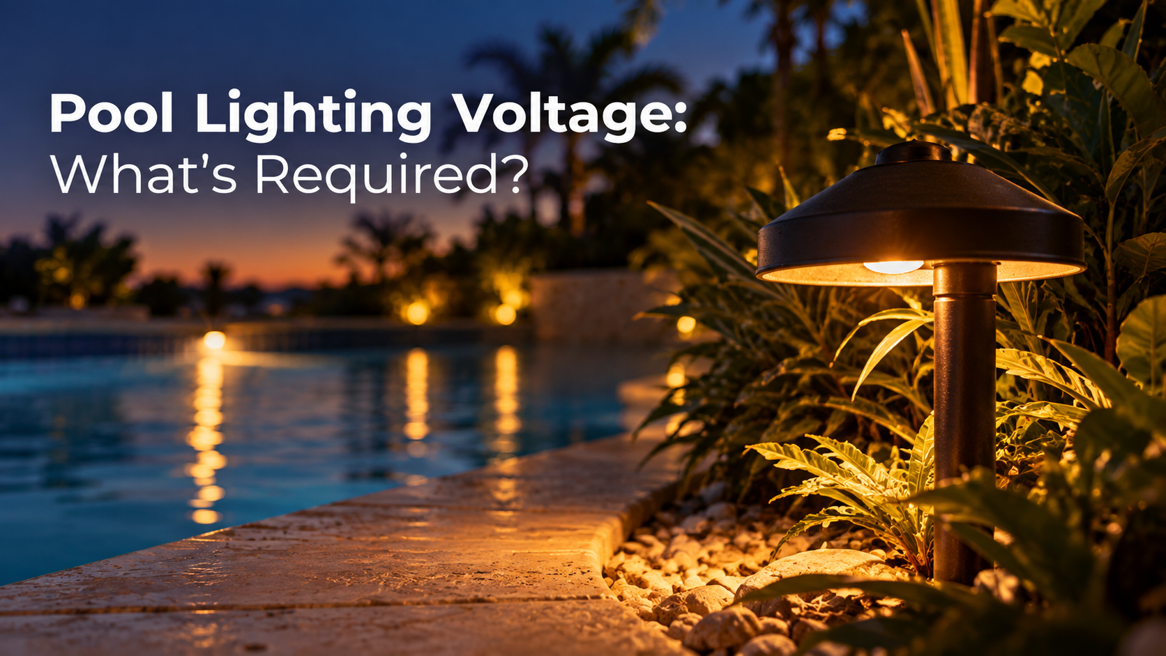 Landscape lighting fixture glowing near saltwater pool edge at dusk in Florida