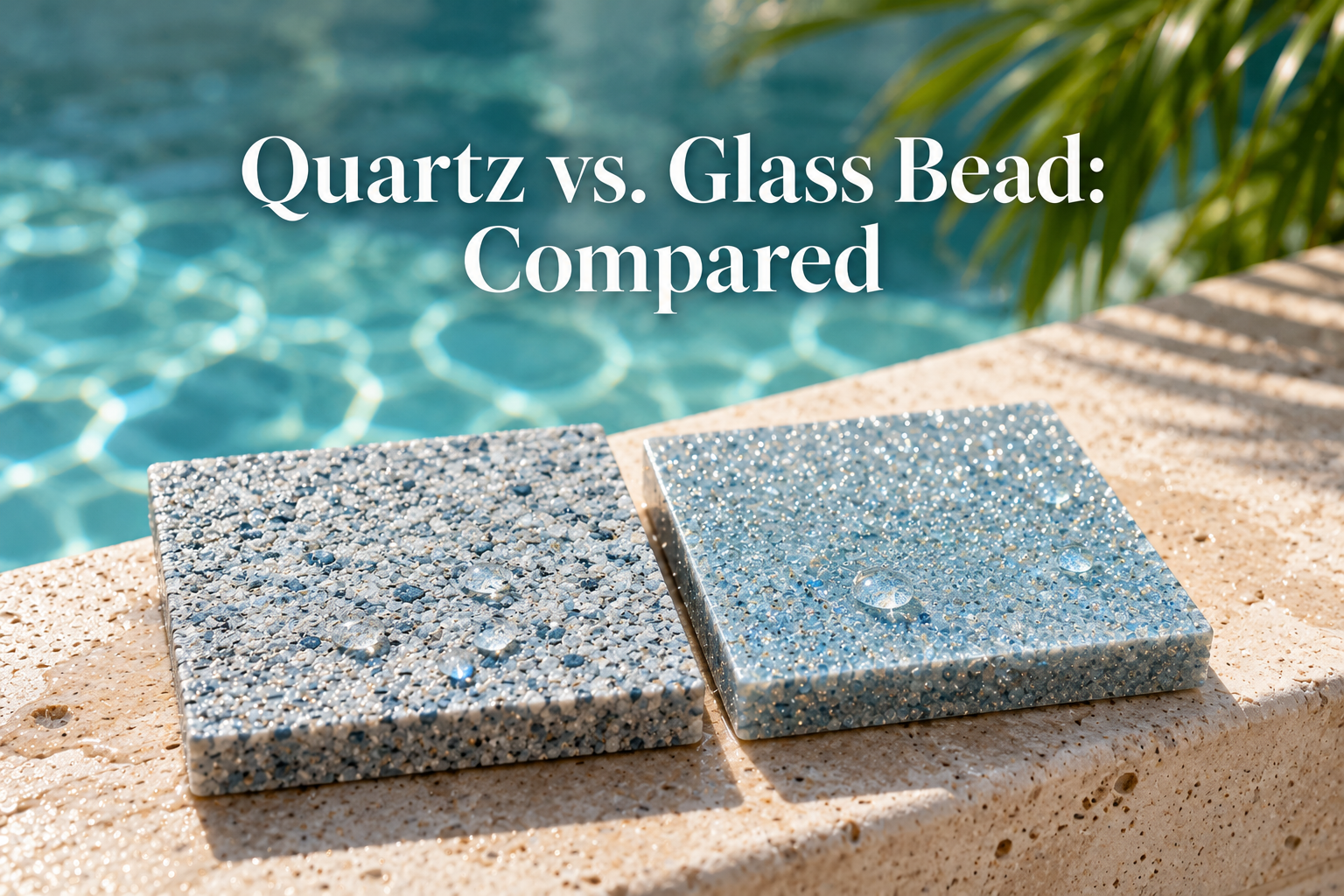 Quartz aggregate vs glass bead pool finish samples side by side on travertine