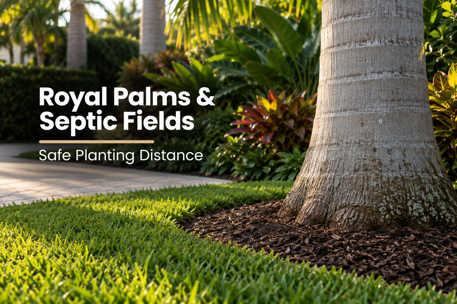 RoyalPalm trunk base in Davie yard illustrating distance from septic field planning
