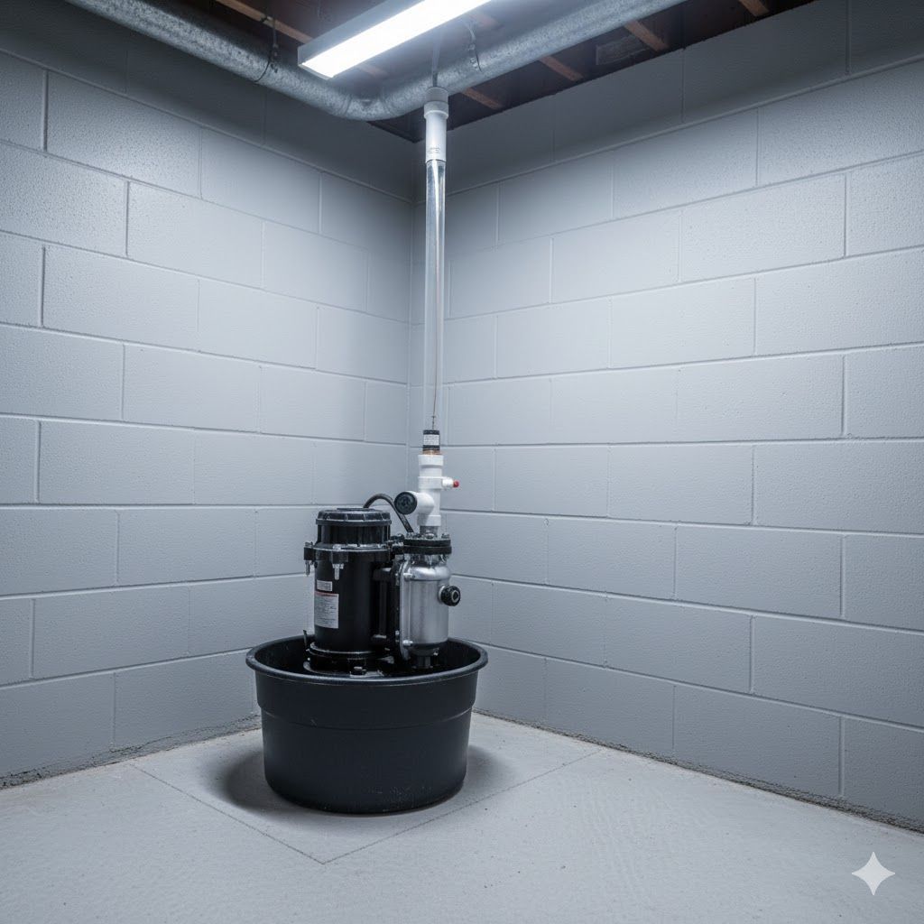 Industrial machine in a gray cinderblock room under overhead lights