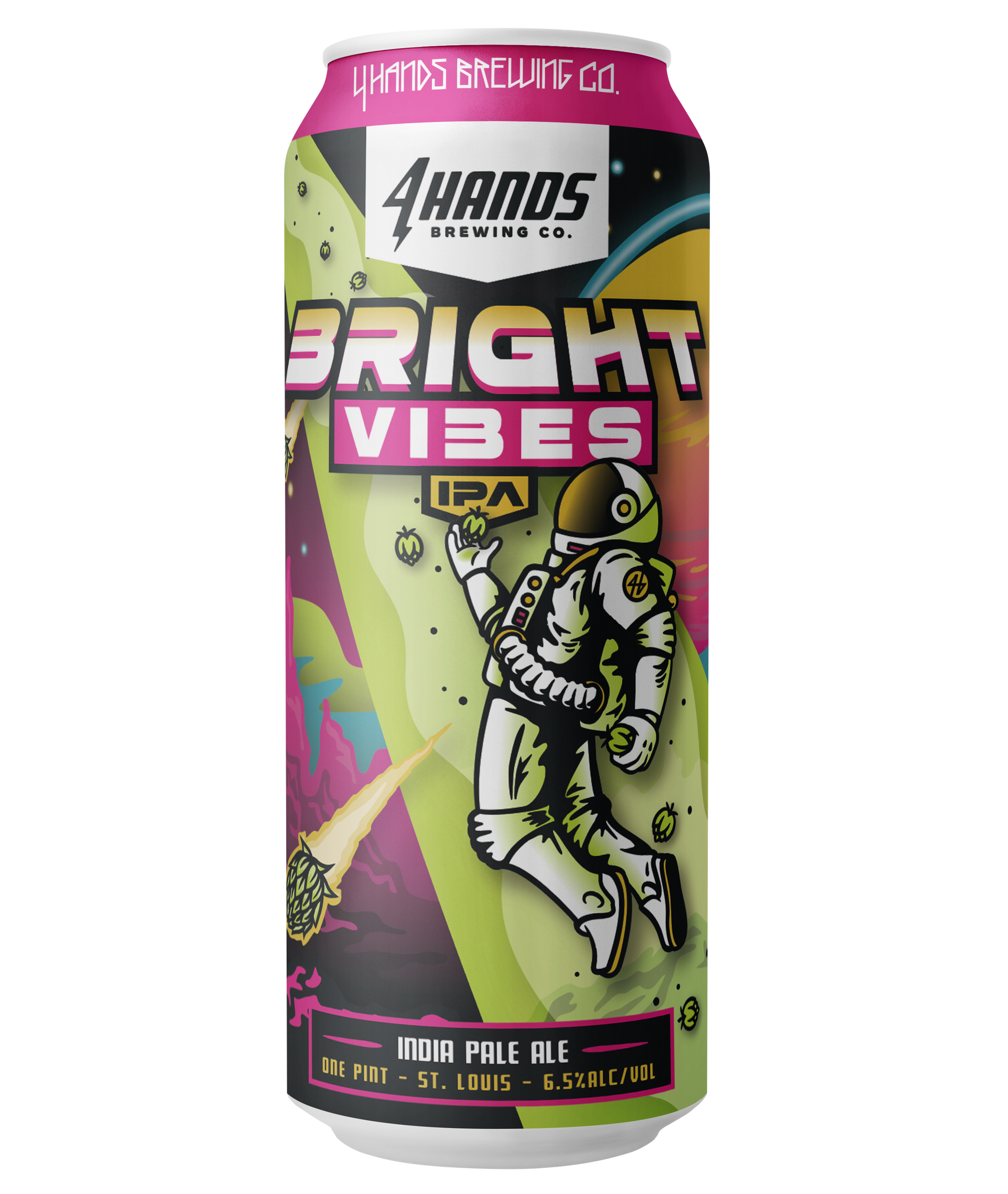 A 16oz can of 4 Hands Brewing's Bright Vibes IPA