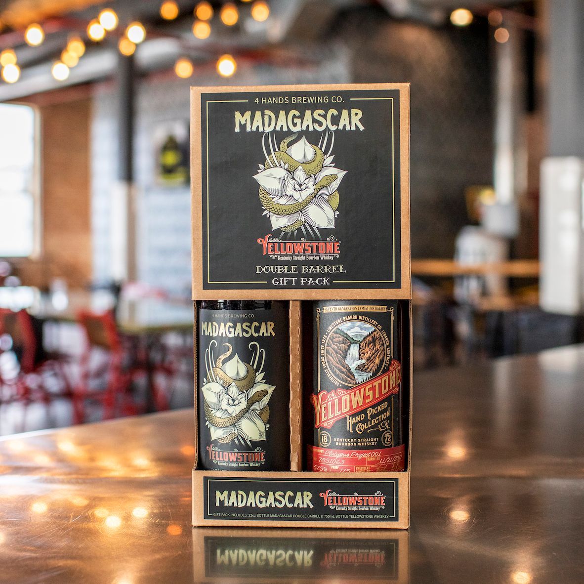 4 Hands Brewing Company's Madagascar Yellowstone and a bottle of Yellowstone Whiskey