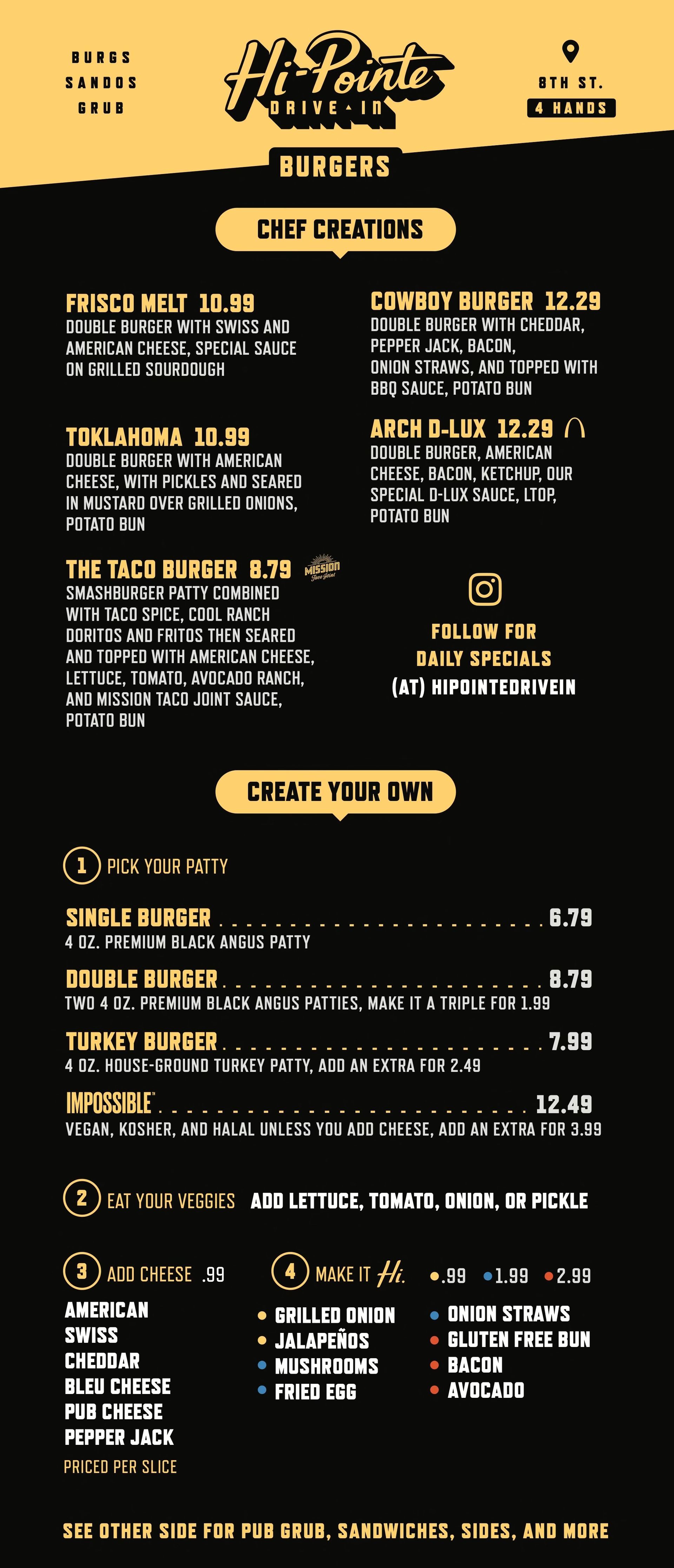 The menu for Hi-Pointe Drive-in at the 4 Hands Brewery & Tasting Room 