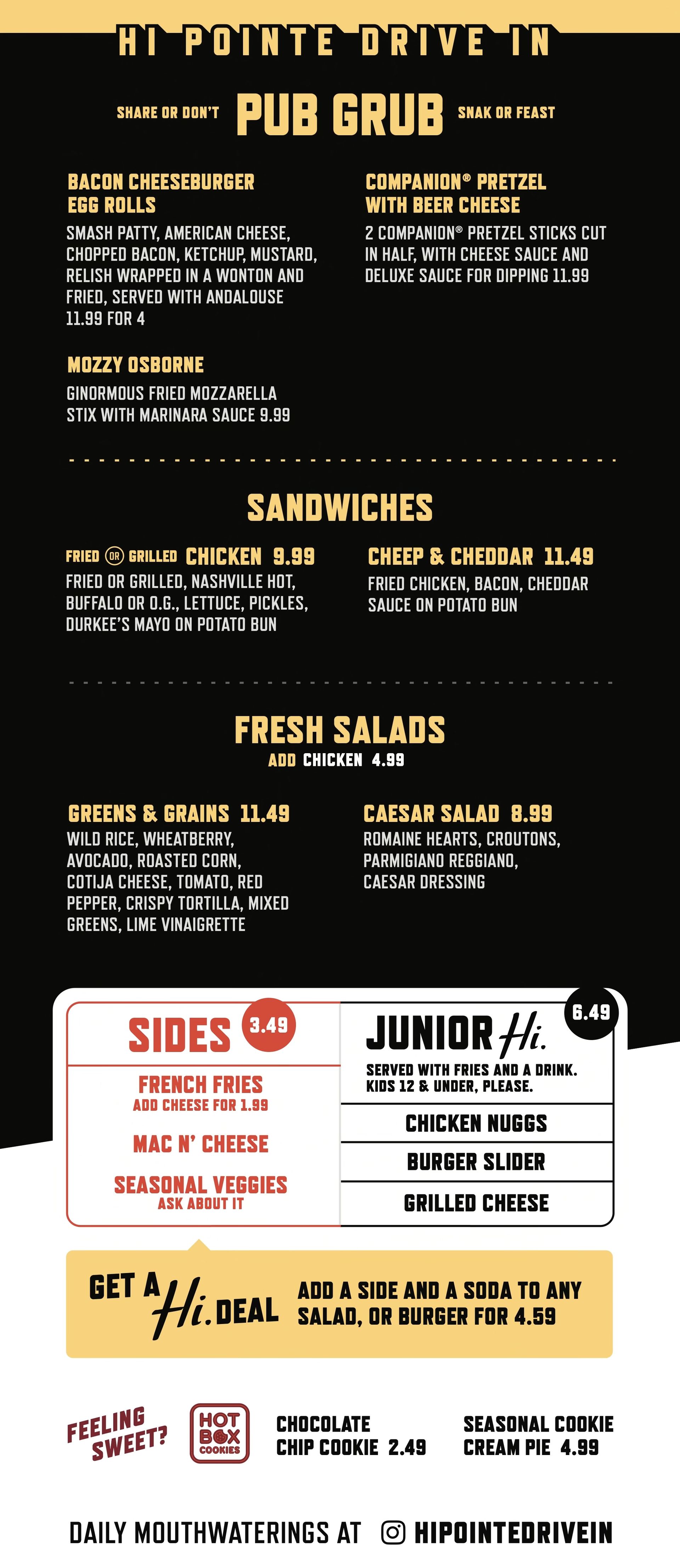 The menu for Hi-Pointe Drive-in at the 4 Hands Brewery & Tasting Room 
