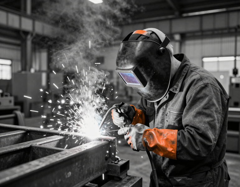 Soldador profesional trabajando una estructura metálica en un taller industrial.