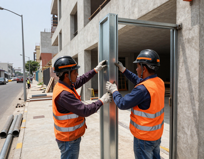 Equipo instalando un portón metálico en una obra urbana de Lima.