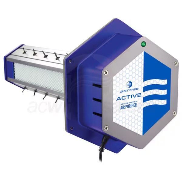 Blue and silver air purifier with a rectangular filter section and hexagonal body. It has the brand name