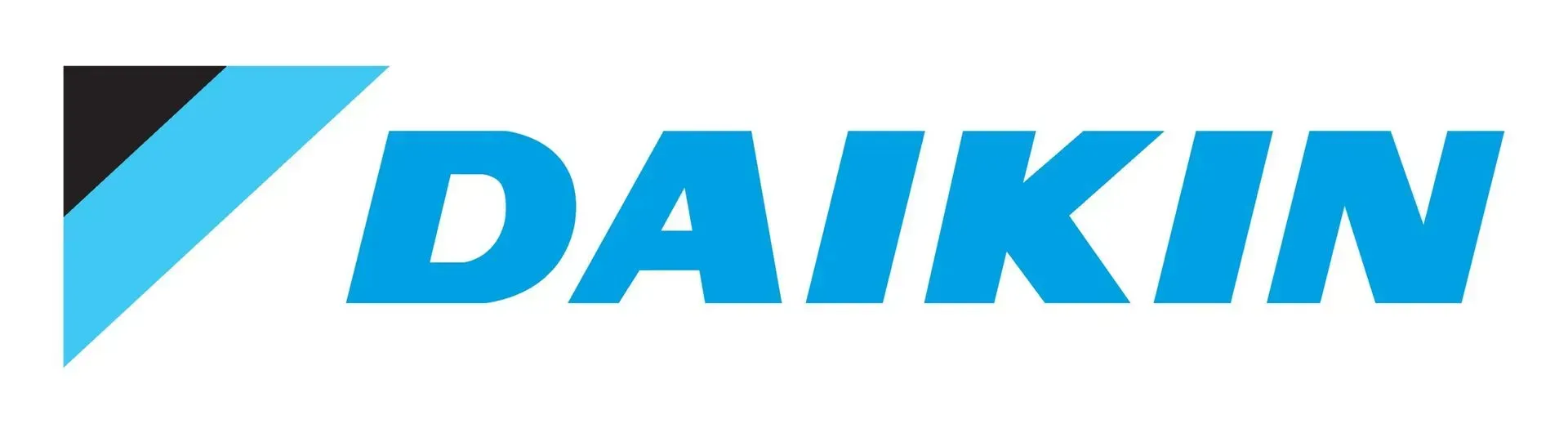Daikin logo: a light blue wordmark with a stylized blue and black angular shape on the left.