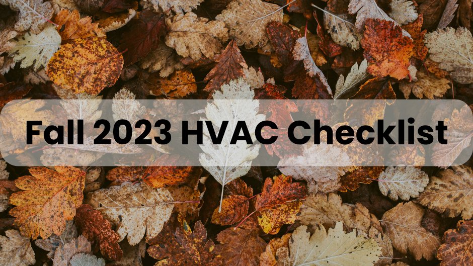 Fall 2023 HVAC Checklist, text overlaying fallen autumn leaves, brown and orange hues.