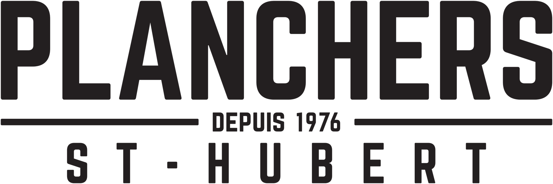 Logo pour Planches, à St-Hubert, depuis 1976; texte noir avec une ligne horizontale.