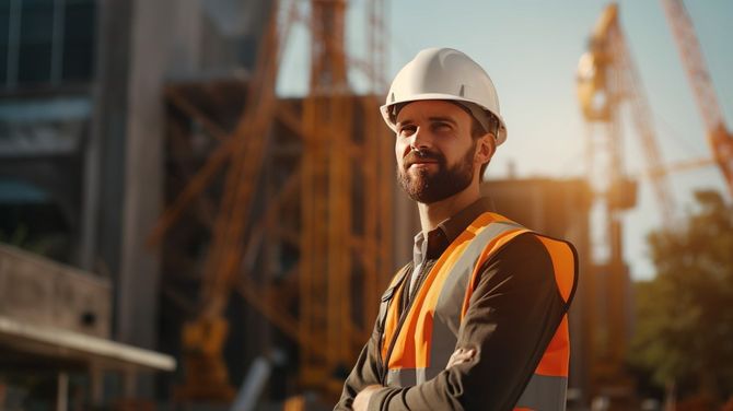 Construction worker in white hard hat and orange vest standing at a building site