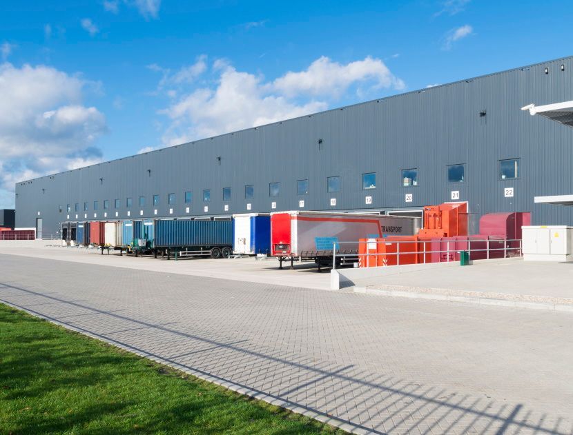 A large warehouse with a lot of trucks parked in front of it.