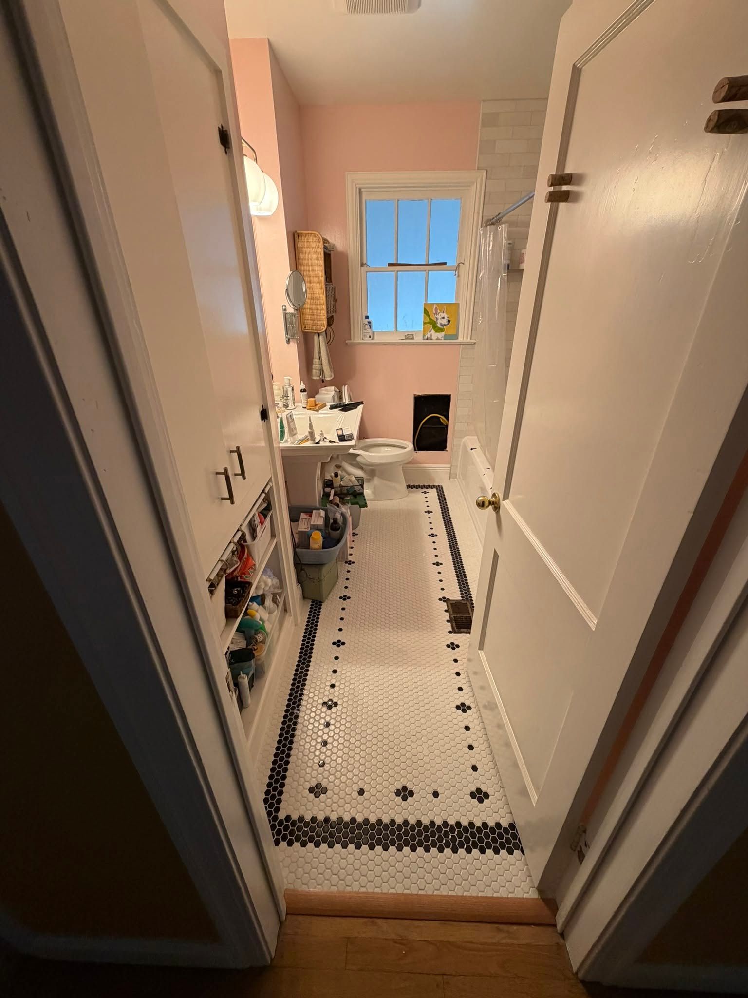 Narrow bathroom with white walls, patterned runner rug, and a window at the far end.