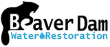 Boaver Dam Water Restoration logo with black dam silhouette and blue water droplet text