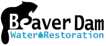 Boaver Dam Water Restoration logo with black dam silhouette and blue water droplet text