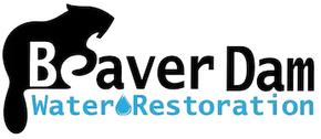 Boaver Dam Water Restoration logo with black dam silhouette and blue water droplet text