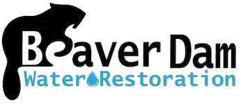 B Beaver Dam Water Restoration logo in black and blue with water droplet icon