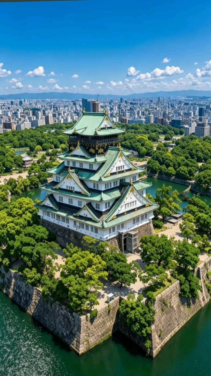 Osaka Castle with green roofs surrounded by trees, moat, and city skyline under a blue sky