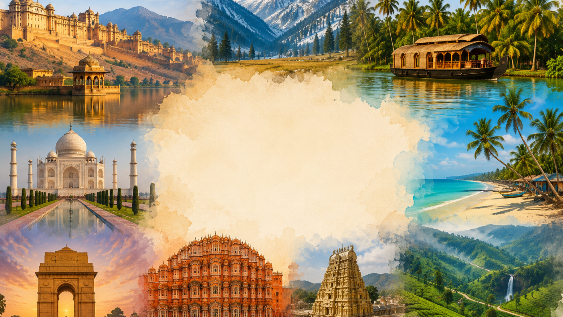 Collage of Indian landmarks and landscapes around a blank center with mountains, temples, a beach, and a lake