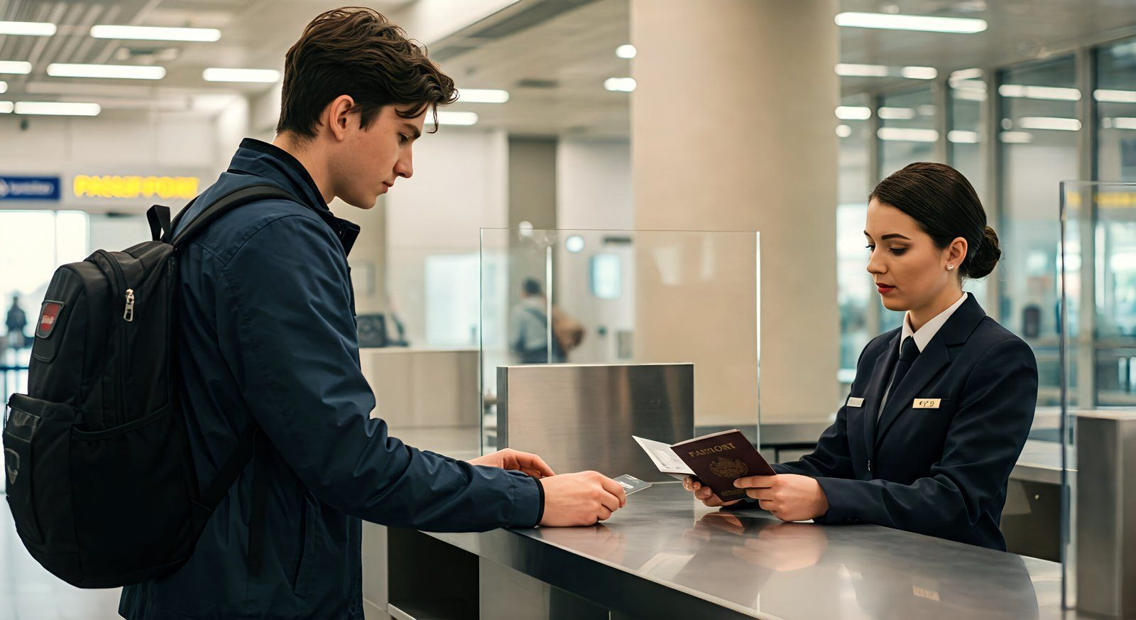Traveler handing passport to airline agent at airport check-in counter Air suvidha 2.0