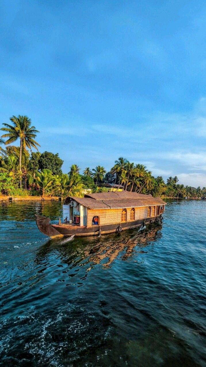 A wooden hut boat floating on blue water near a lush tropical shoreline with palm trees under a clear sky