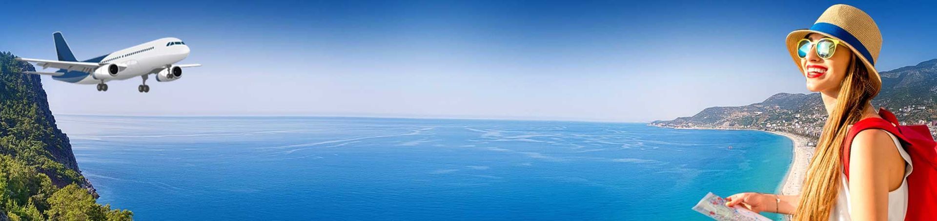 A woman is looking at an airplane flying over the ocean.