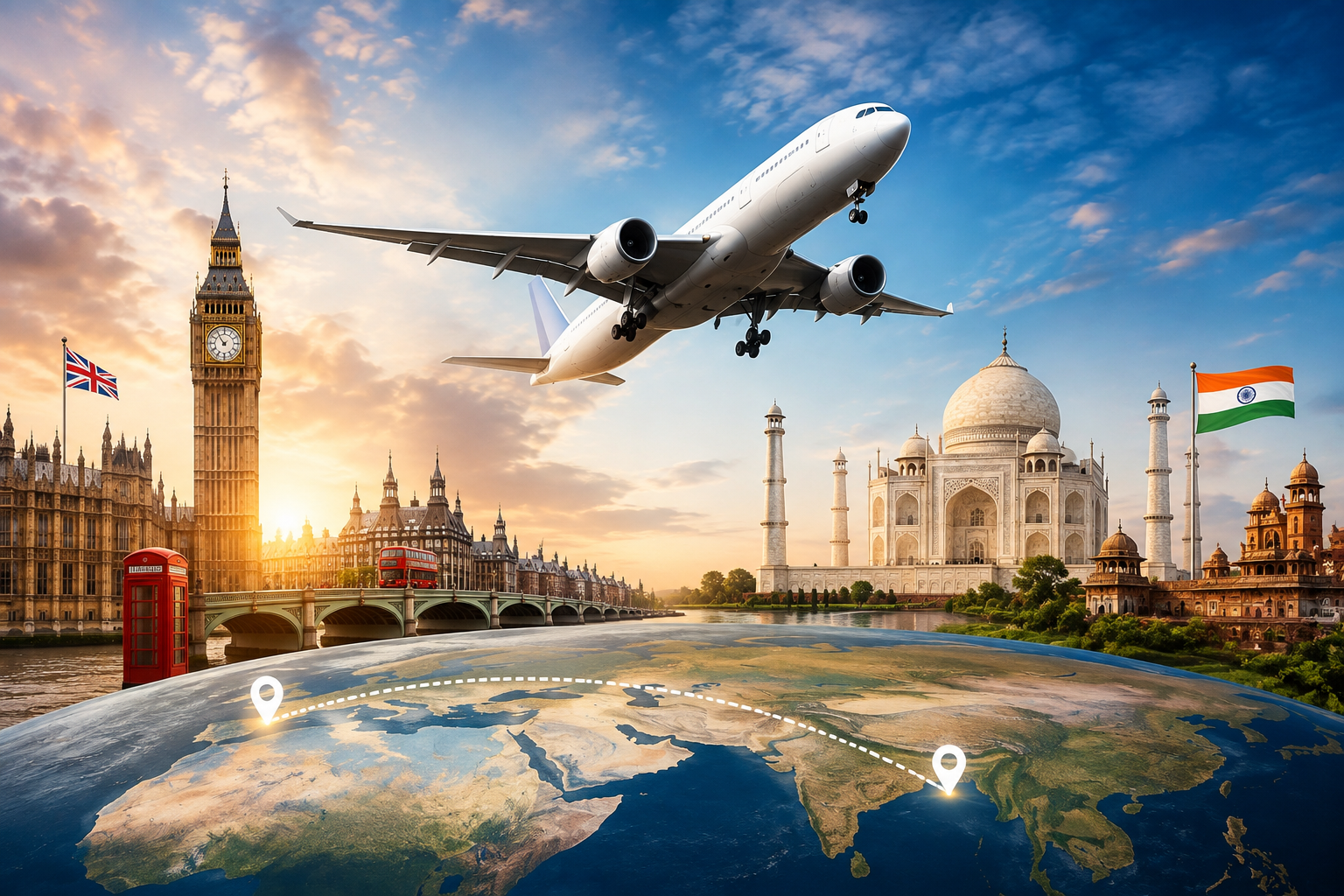 Airplane flying from London to India for international travel