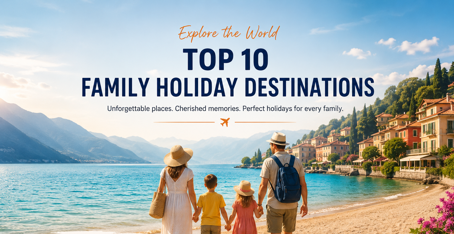 Family walking along a sunny seaside beach, with text: “Top 10 Family Holiday Destinations.”
