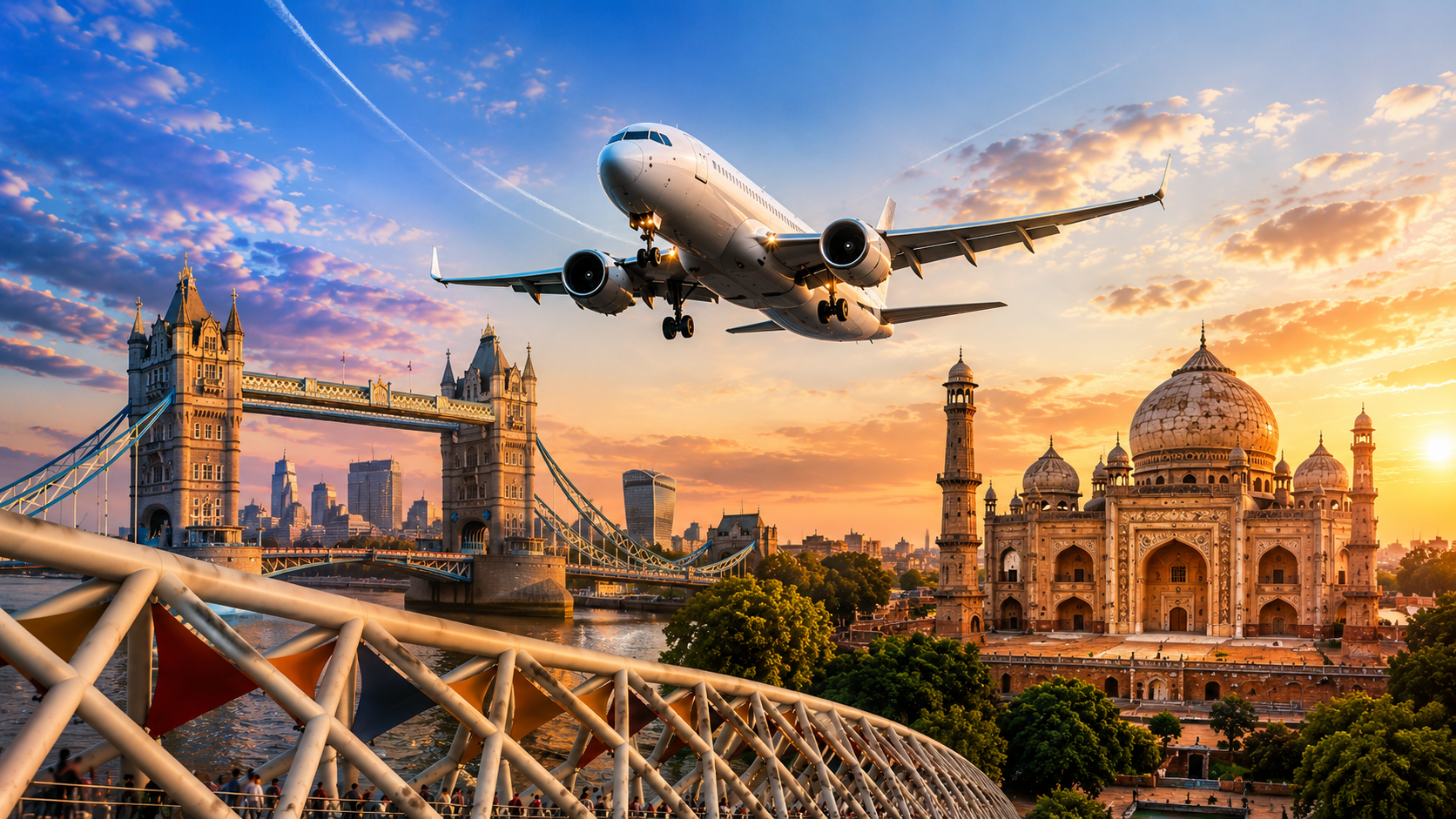 Airplane flying over London’s Tower Bridge and the Taj Mahal at sunset