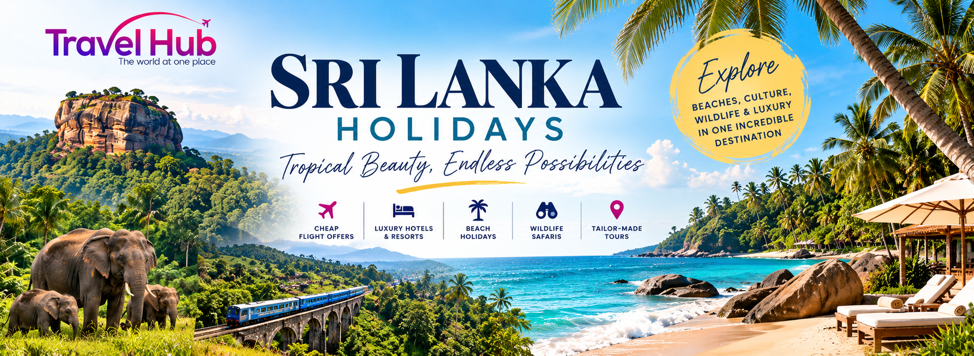 Sri Lanka holidays featuring tropical beaches, luxury resorts, wildlife safaris and scenic train jou
