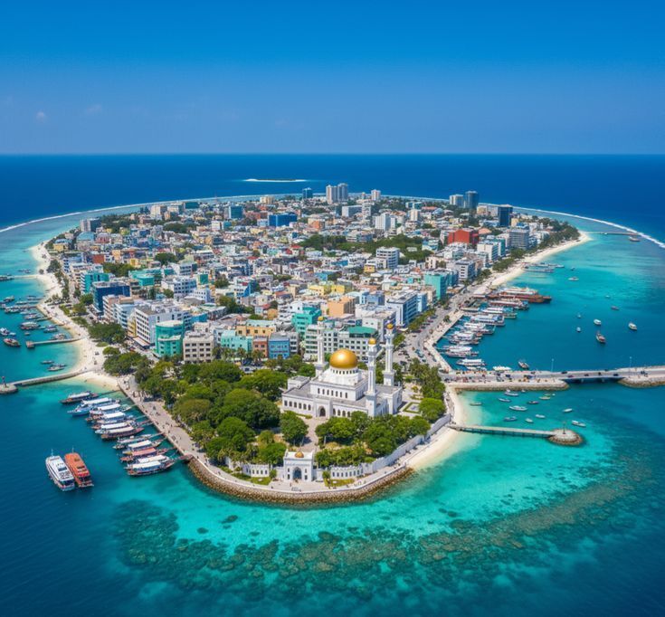 Aerial view of a tropical island city with turquoise waters and a white mosque with a gold dome in the foreground